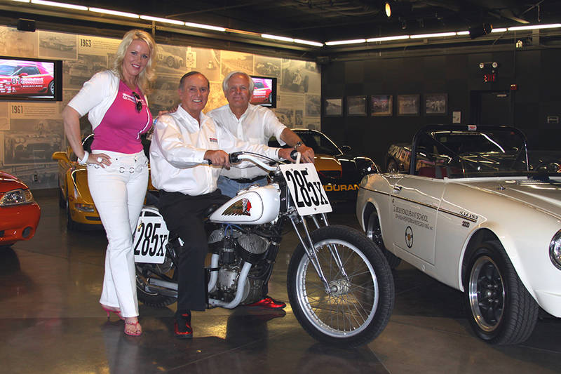 World champion racer and driving instructor Bob Bondurant started his legendary career in the '50s, racing dirt bikes such as this Indian. I'm with Bob and his wife Pat at the famous school, celebrating 48 years in 2016. Bob's 83 this year.